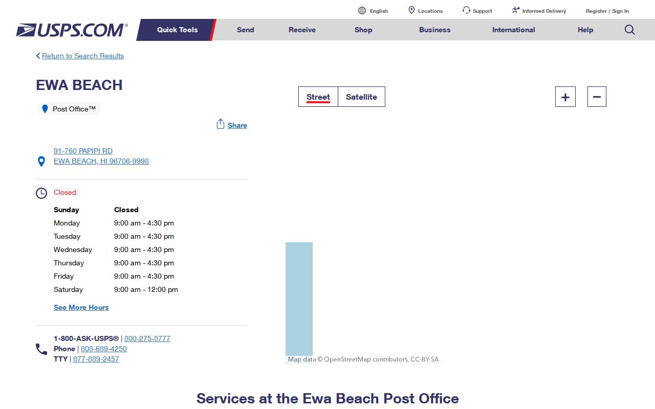 Ewa Gentry ZIP code directory view of the Ewa Beach Post Office